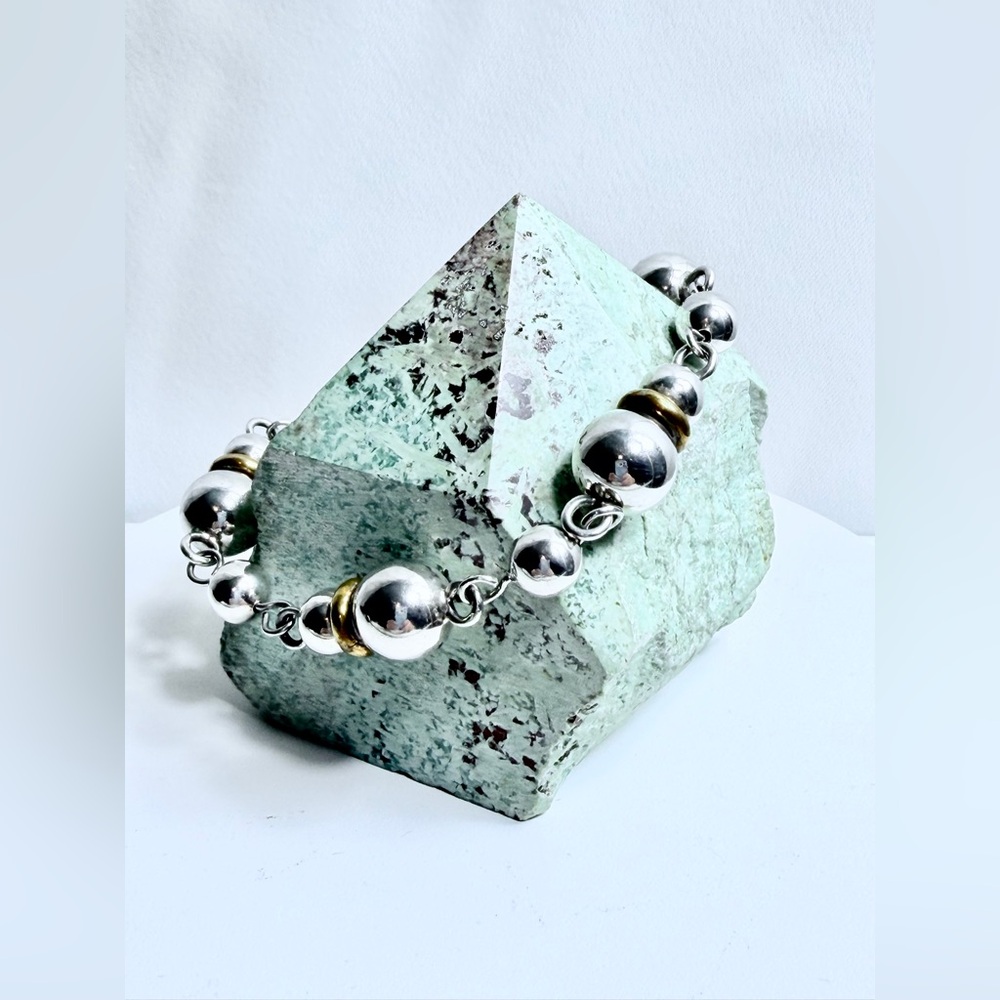 Vintage Taxco Sterling Silver and Brass Accent Jar Bead Unique Bracelet